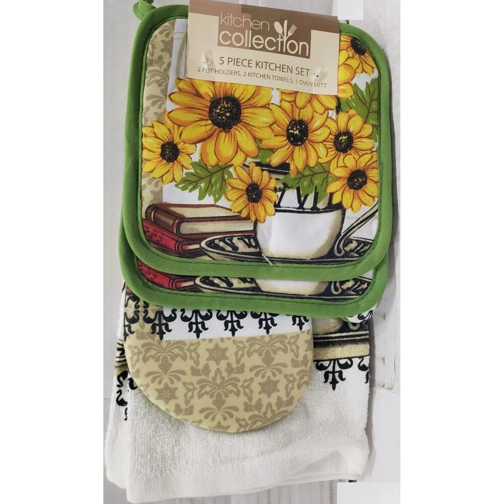 5pc Set: 2 Pot Holders, 1 Oven Mitt & 2 Same Towels, SUNFLOWERS & BOOKS,green,KC